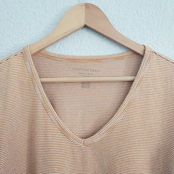 American Eagle Mustard Yellow Striped V-neck Tee Size S - Picture 3 of 10